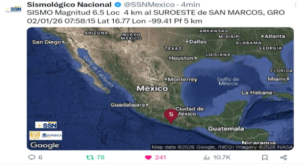 Reporta Oaxaca saldo blanco por sismo de magnitud 6.5 en San Marcos, Guerrero