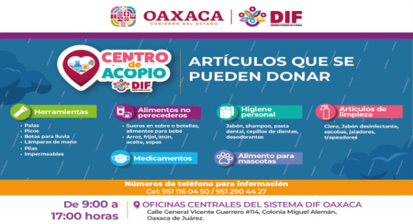 Habilita DIF Oaxaca centro de acopio para apoyar a familias afectadas por lluvias