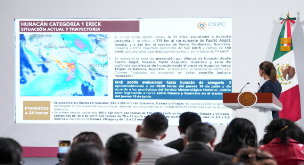 Presidenta Claudia Sheinbaum pide a la población de Guerrero y Oaxaca resguardarse, acudir a los refugios y mantenerse informados ante la llegada del Huracán Erick