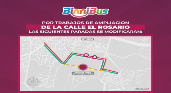 BinniBus modifica paradas de rutas por trabajos de ampliación en Avenida El Rosario