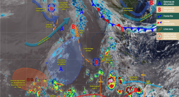 Canal de baja presión y circulación ciclónica mantendrán temporal lluvioso