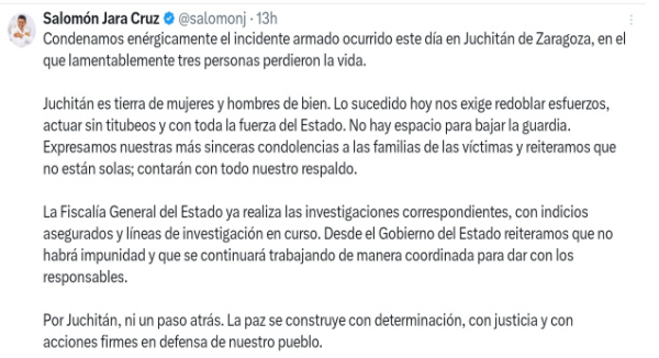 Condena Salomón Jara hechos violentos en Juchitán y advierte que no habrá impunidad en el caso