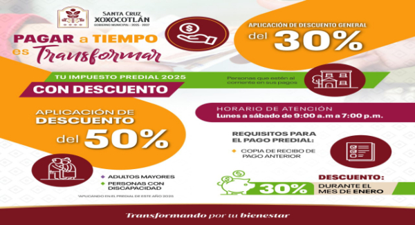 Anuncia Santa Cruz Xoxocotlán descuentos de hasta el 50% en el pago del predial
