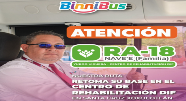Ruta RA-18 del BinniBus retoma base en Centro de Rehabilitación DIF