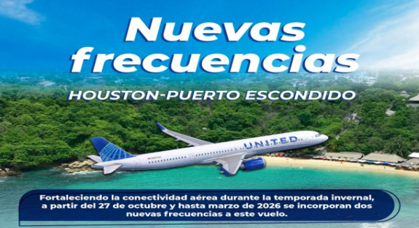 Aumentan las frecuencias del vuelo Houston-Puerto Escondido por temporada invernal: Sectur