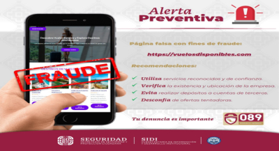 Alerta SSPC sobre página web fraudulenta que ofrece servicios turísticos