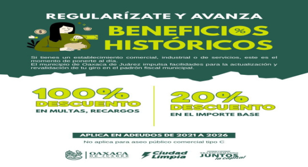 Oaxaca de Juárez mantiene incentivos fiscales para regularización de contribuciones y trámites