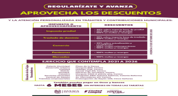 Municipio de Oaxaca de Juárez mantiene descuentos en contribuciones municipales